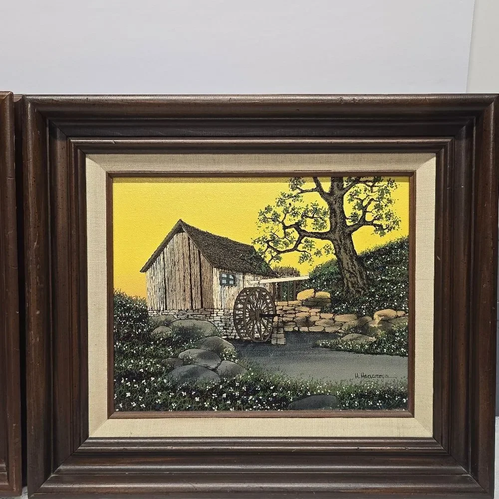 H Hargrove Original Oil Painting Set Lakehouse / Water Wheel Mill Vintage 1983